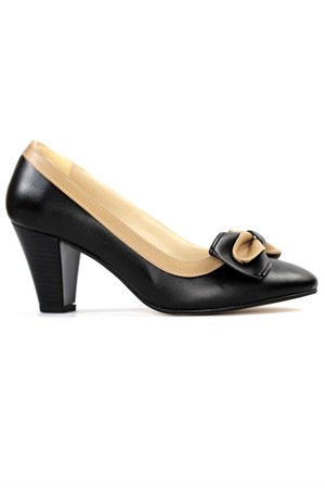 Pabucchi Kadın Büyük Numara Kalın Topuklu Fiyonklu Stiletto  Ayakkabı HOZZ000903-Siyah Bej