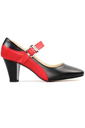 Pabucchi Kadın Kısa Topuklu Kemerli Stiletto Büyük Numara Ayakkabı HOZZ000901-Siyah Kırmızı  