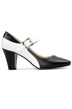 Pabucchi Kadın Büyük Numara Yüksek Topuklu Kemerli Stiletto  Ayakkabı Siyah Beyaz 
