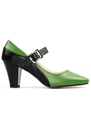 Pabucchi Kadın Kısa Topuklu Kemerli Stiletto Büyük Numara Ayakkabı Yeşil